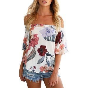 Twill Trade Tops - Floral Print Half Sleeve Off Shoulder Blouse Twill Trade Tops - Floral Print Half Sleeve Off Shoulder Blouse
